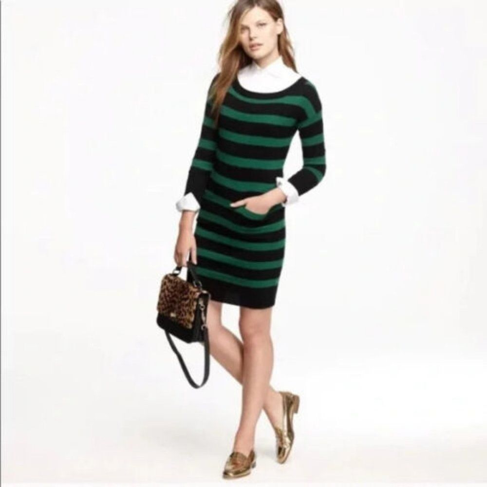 J. Crew Green Navy Striped Crewneck Sweater Dress Cashmere Wool Nylon sz XS GUC